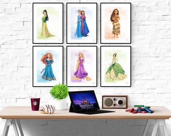 Disney New Princess Mix & Match Pastel Watercolour Set Of 6 Prints I Princess Bedroom I Bedroom I Disney Prints I Kids Bedroom