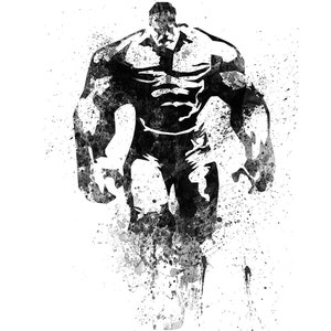 May include: Black and white illustration of a muscular figure with a splatter paint effect. The figure is standing with its arms at its sides and its head looking down.