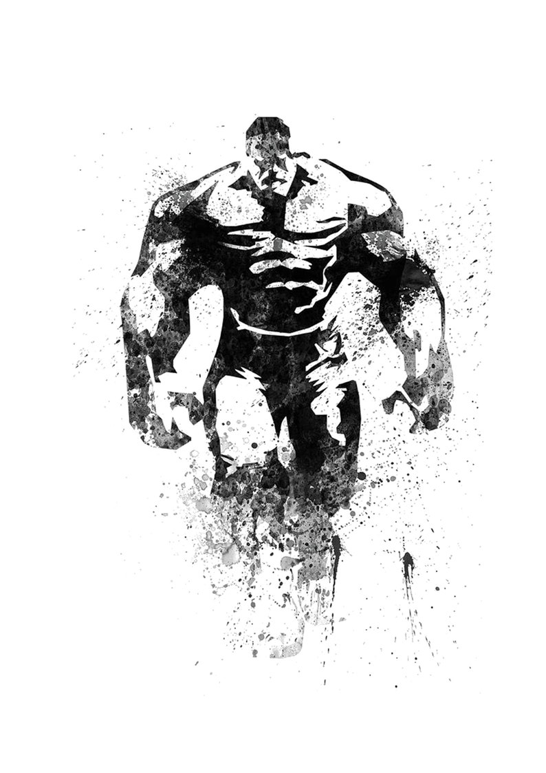 May include: Black and white illustration of a muscular figure with a splatter paint effect. The figure is standing with its arms at its sides and its head looking down.