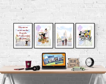Disney World Walt Disney & Mickey Mouse Set Of 4 Prints I Disney Prints I Disney Bedroom I Disney Prints I Disney Parks I Kids Bedroom