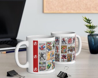Caneca com colagem de quadrinhos dos Vingadores | Caneca de cerâmica | Caneca de super-herói | Caneca da Marvel
