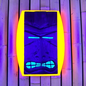 Blacklight Tiki Carving Sign, Handcrafted Island Decor, Glow in blacklight Tiki Wall Art, Hand Carved Wood Sign, Blacklight included