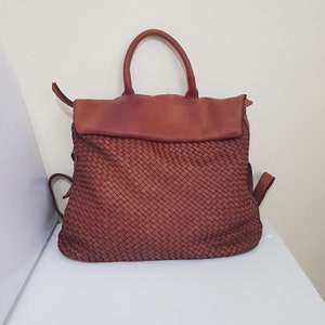 Convertible Woven Genuine Leather Soft Backpack / Crossbody