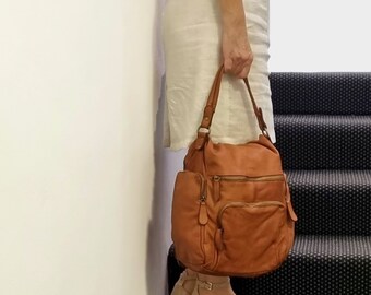 Convertible Backpack Multi-pocket Genuine Leather Soft Backpack / Crossbody in Cognac Brown