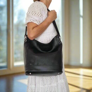 Genuine Leather Bucket Bag in Black