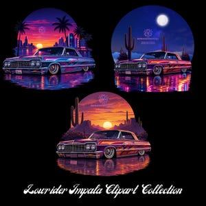 Könnte beinhalten: Eine Sammlung von drei kreisförmigen digitalen Illustrationen mit Lowrider-Impala-Autos mit individueller Lackierung. Jedes Auto ist in einer anderen Umgebung dargestellt, darunter eine Stadtsilhouette bei Sonnenuntergang, eine Wüstennacht bei Vollmond und ein Wüstensonnenuntergang.