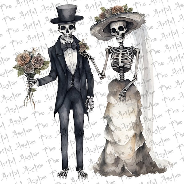 Till Death Do Us Apart Skeleton Vintage Couple,Watercolor Digital Download,Instant Download, Easy to Use,Gothic Wedding,Goth Love Wedding
