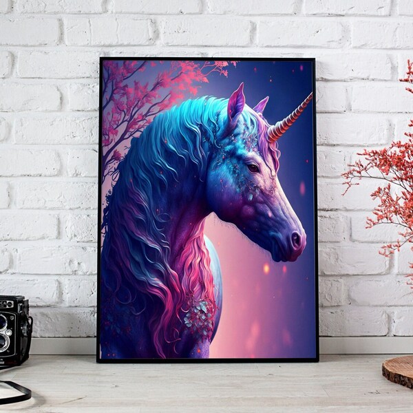 Unicornio de fantasía realista: impresión de arte digital, unicornio realista floral arco iris, arte de pared de princesa, arte de pared de cola de hadas, descarga instantánea