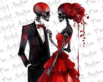 Classy Skeleton Couple,Watercolor Digital Download,Instant Download,Easy to Use Art,Gothic Wedding,Goth Love Wedding,Till Death Do Us Apart