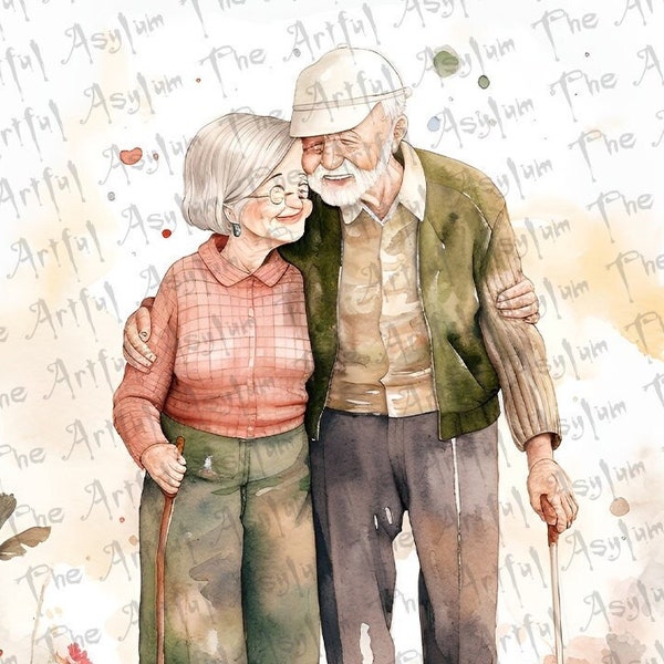 Loving Old Couple On a Walk Watercolor Digital Art, Sublimation Old Couple Love,Till Death Do Us Apart, Instant Download, Easy to Use