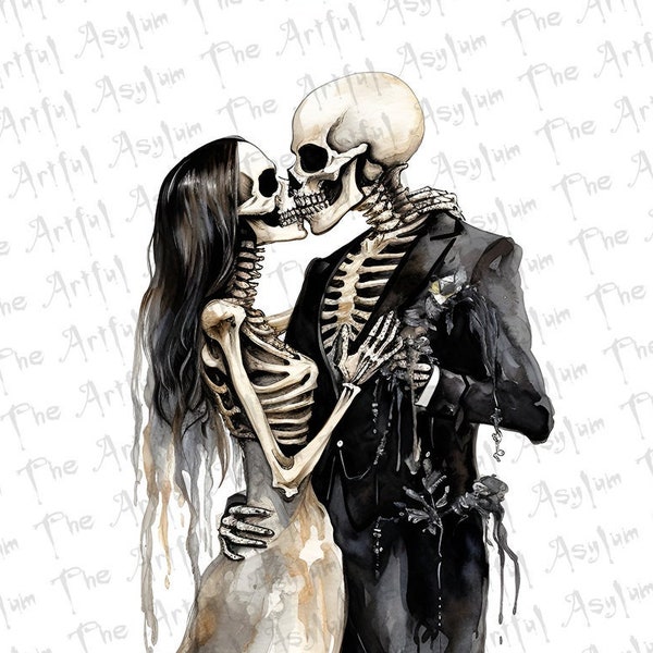 Till Death Do Us Apart Skeleton Couple, Watercolor Digital Download,Instant Download, Easy to Use Art, Gothic Wedding, Goth Love Wedding