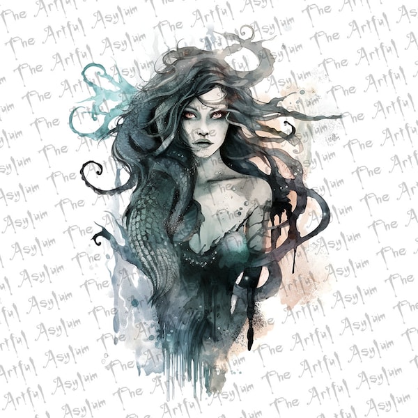 Horror Mermaid Digital Art, Watercolor Lovecraftian Sea Woman Digital Download,Instant Download, Easy to Use Art, Goth Lovecraftian Mermaid