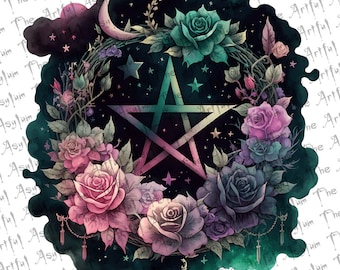 Watercolor Pentagram Digital Download, Floral Pentagram, Witchy Magic Instant Download, Pastel Goth Magic, Wicca Pentagram  Easy to Use Art
