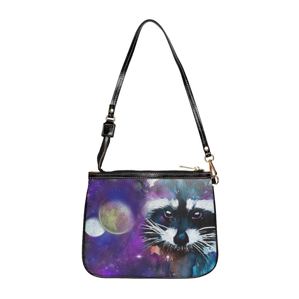 Raccoon Oil Paint Small Shoulder Bag, Galaxy Artistic Raccoon Purse, Purple Galaxy Kawaii Handbag