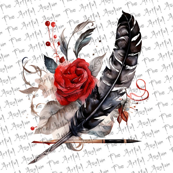 Watercolor Quill Digital Art, Watercolor Gothic Art, Goth Writing Feather Pen With Roses,Instant Download, Ready to Use, Vampire Decor