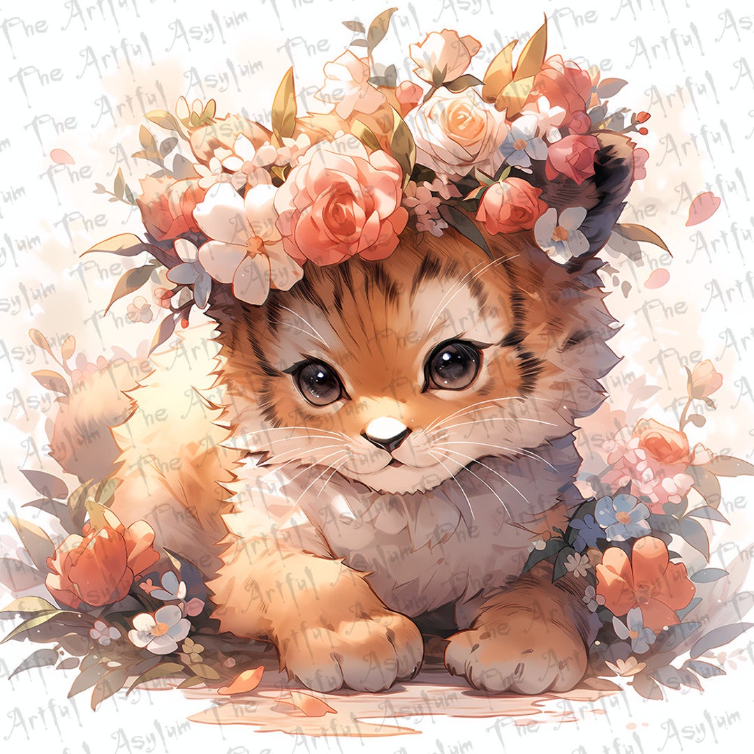 Lion Watercolor Painting, Cute Baby Animal Art, Floral Wildlife Decor ...