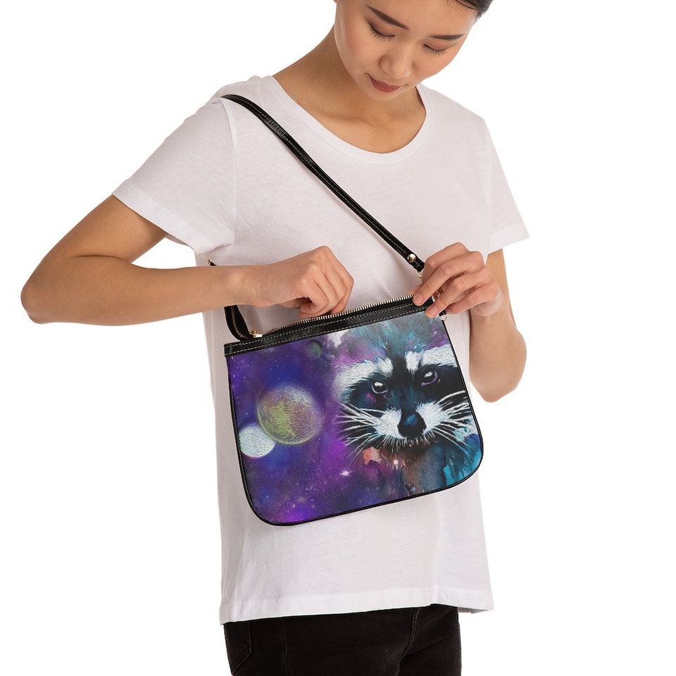 Raccoon Oil Paint Small Shoulder Bag, Galaxy Artistic Raccoon Purse, Purple Galaxy Kawaii Handbag