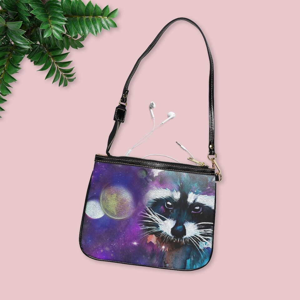 Raccoon Oil Paint Small Shoulder Bag, Galaxy Artistic Raccoon Purse, Purple Galaxy Kawaii Handbag