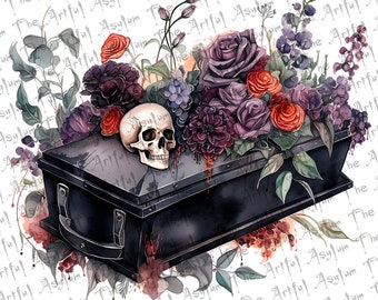 Gothic Coffin Digital Art, Watercolor Gothic Art, Goth Coffin with Skull and Roses, Instant Download, Ready to Use, Goth Watercolor Art