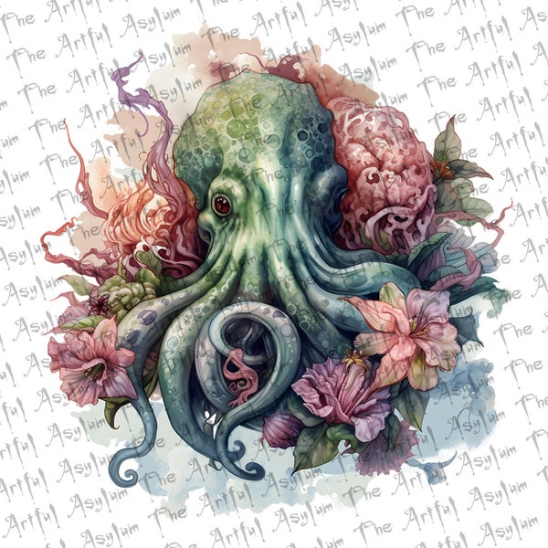 Watercolor Cthulhu Digital Art, Watercolor Gothic Art, Goth Lovecraftian Art, Instant Download, Ready to Use, Goth Watercolor Cthulhu Art