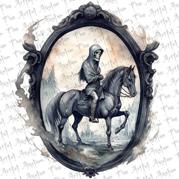 Horror Mirror Grim Reaper and His Horse Despair Digital Art, Watercolor Horror Art Digital Download,Instant Download, Easy to Use Art