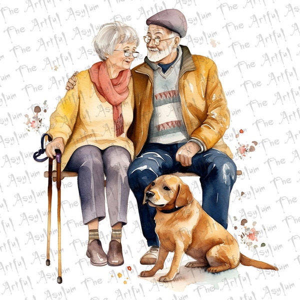 Loving Old Couple With Their Dog Watercolor Digital Art, Sublimation Old Couple Love,Till Death Do Us Apart, Instant Download, Easy to Use