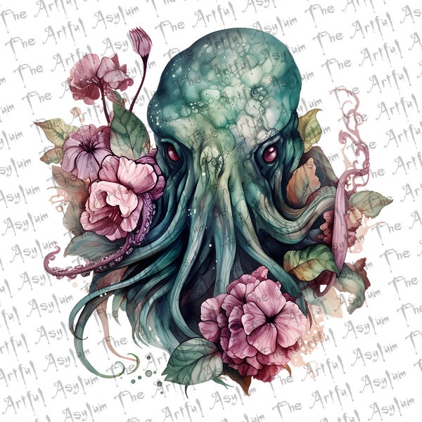 Floral Cthulhu Digital Art, Watercolor Gothic Art, Goth Lovecraftian Art, Instant Download, Ready to Use, Goth Watercolor Cthulhu Art