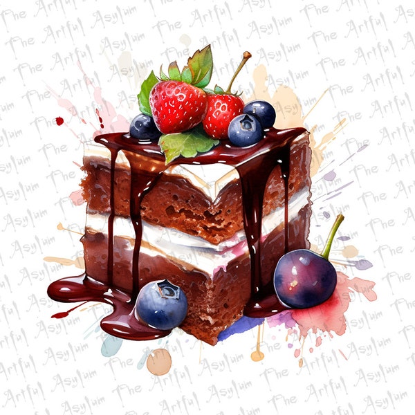 Delicious Chocolate Cake Watercolor Digital Art,Food Lover,Baker Fruit Cake,Tasty Cake,Instant Download,Pastry maker, Watercolor Food