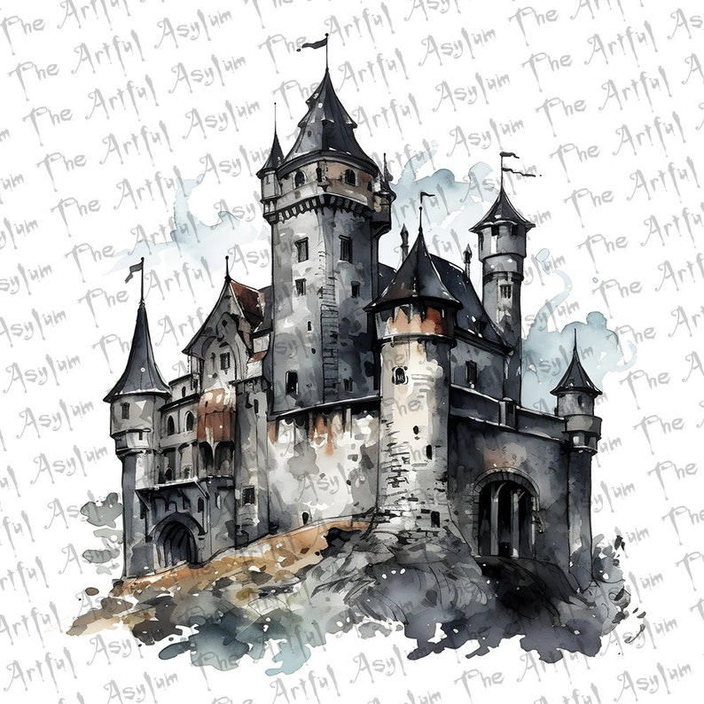 Medieval Castle Digital Art, Watercolor Ghotic Vampire Castle Digital Download,Instant Download, Easy to Use Art, Gothic Architecture image 1