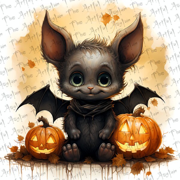 Halloween Cute Bat with Pumpkins - Digital Download, Instant Download, Watercolor Chiroptera Bat, Magic Art, Gothic Witchcraft, Adorable Bat