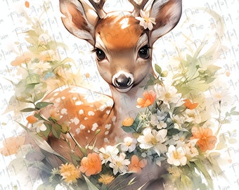 Watercolor Deer Fawn Nursery Art, Cute Baby Animal Painting, Floral Wildlife Decor, Instant Download, Nursery Wall Decor, Fawn and Flowers