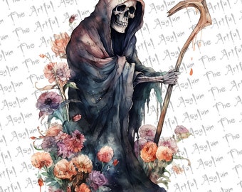 Grim Reaper Digital Art, Watercolor Death Gothic Art, Goth Deadly Flowers, Instant Download, Ready to Use, Goth Watercolor Grim Reaper Art