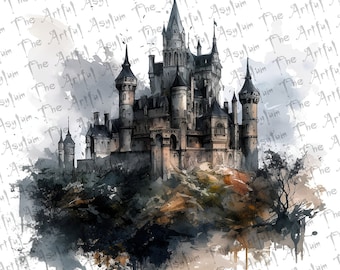 Medieval Dracula's Castle Digital Art,Watercolor Ghotic Vampire Castle Digital Download,Instant Download,Easy to Use Art,Gothic Architecture