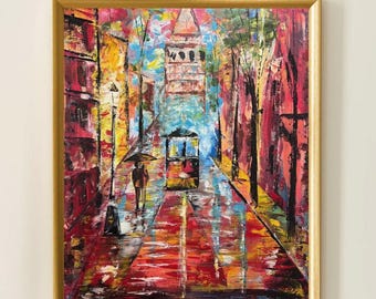 Colorful Istanbul Street Painting, Galata Tower Wall Art, Abstract Cityscape Canvas, Rainy Urban Scene, Modern Statement Wall Decor