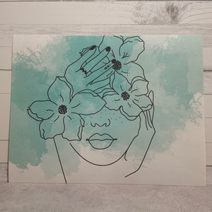 Affiche silhouette de femme masque fleuri, illustration féminine, décoration d'intérieur minimale, dessin au trait noir/blanc/couleurs
