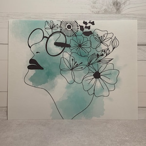 Affiche silhouette de femme avec lunettes fleurie, illustration féminine, décoration d'intérieur minimale,dessin au trait noir/blanc/couleur