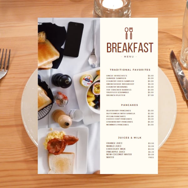 Breakfast Menu Template, Printable Coffee Shop Breakfast Menu Design, Editable Food Menu Cards, Price List Template.