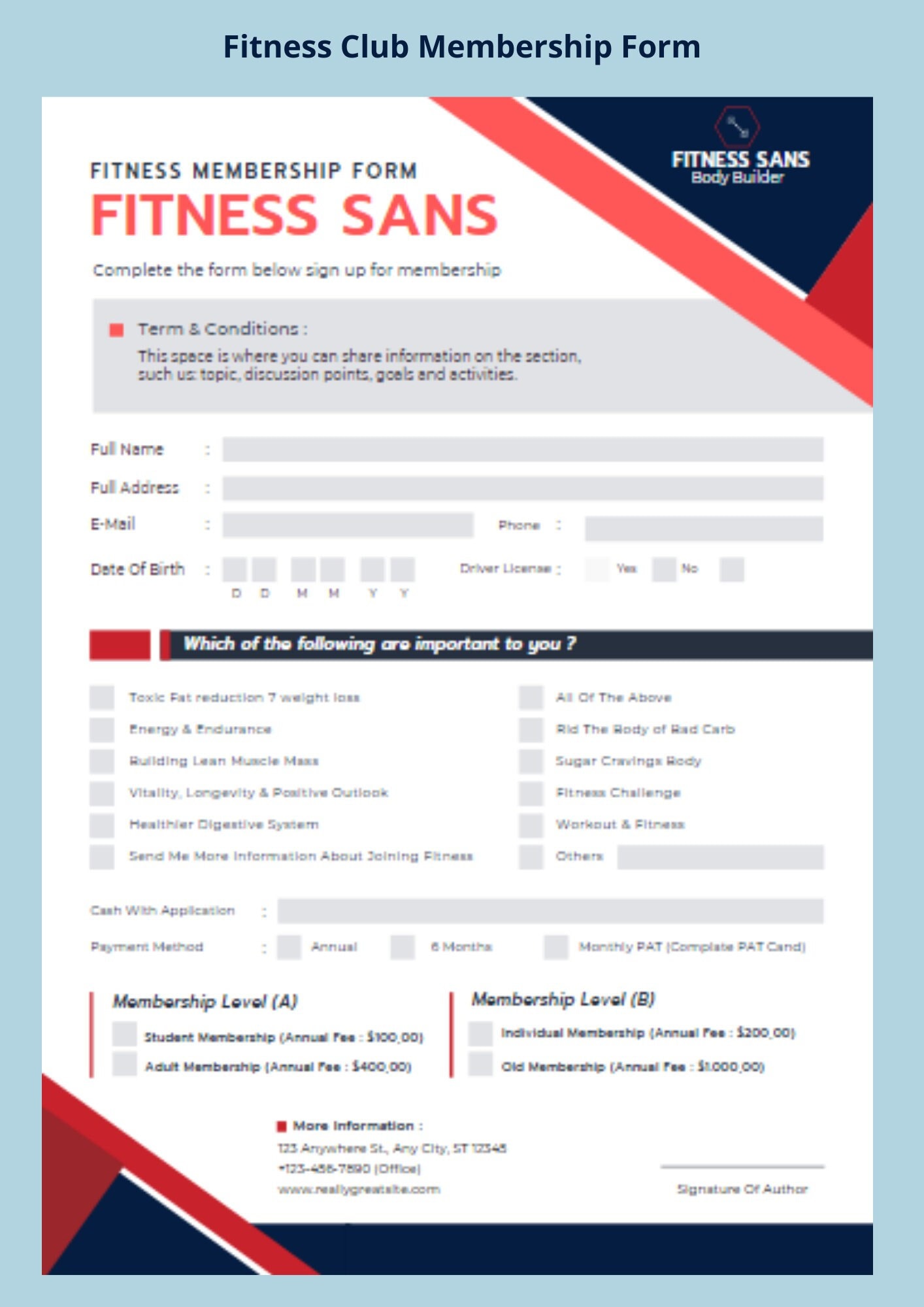 Buy Fitness Club Registration Form Printable Gym Registration Form