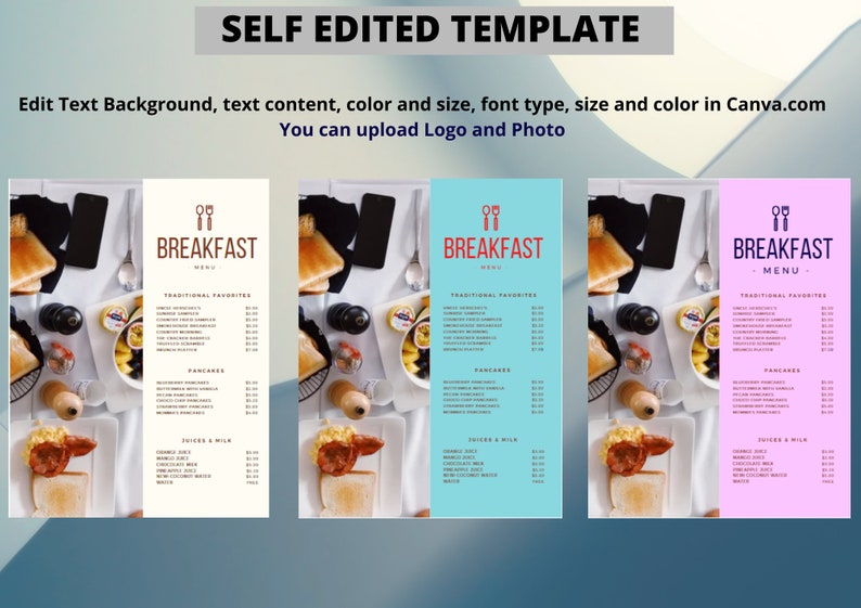 Breakfast Menu Template, Printable Coffee Shop Breakfast Menu Design