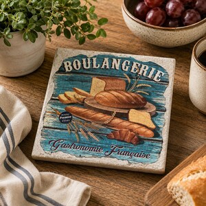 May include: Square ceramic tile with a vintage design. It features the word "BOULANGERIE" and "Gastronomie Française". The image depicts various types of bread on a blue wooden background.