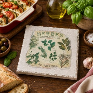 Può includere: Un sottobicchiere quadrato in pietra bianco sporco con le parole "HERBES AROMATIQUES DE PROVENCE" e illustrazioni di varie erbe. Il sottobicchiere è circondato da prodotti alimentari, tra cui una pirofila, olive e pane.