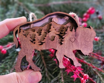 Buffalo Ornament | Bison Christmas Decoration | 4 Layer Rustic Ornament | Personalized Decor