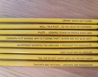 Aviation Pencils | Gift for Pilots | 8 Pencils Engraved with Humorous Aviation Sayings / Memes | #2 HB Pencils