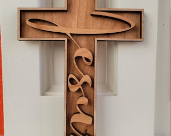 3d Jesus Cross Layered Wood Made of Cherry Hand Finished Stained