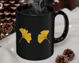 Gingko Leaves 11oz Black Mug gingko biloba,autumn,winter,coffee,tea,cocoa,office mug,cuppa,gingko leaf,gingko nut