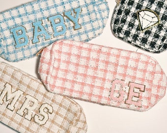 Personalized Tweed Plaid Cosmetic Bag - SMALL cosmetic bag - woven travel bag - custom patch bag - baby shower gift - bride gift - gingham