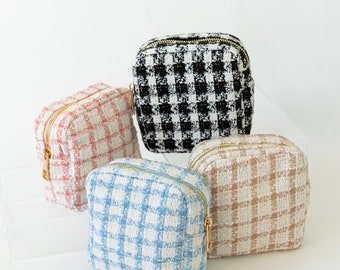 Personalized Tweed Plaid Cosmetic Bag - SMALL cosmetic bag - woven travel bag - custom patch bag - baby shower gift - bride gift - gingham