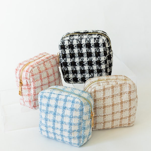 Personalized Tweed Plaid Cosmetic Bag - SMALL cosmetic bag - woven travel bag - custom patch bag - baby shower gift - bride gift - gingham