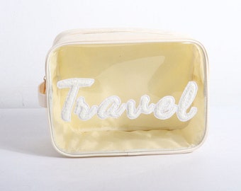 Sewn on clear nylon bags - terry cloth sewn words - summer travel - teacher gifts - mother gifts - nylon cosmetic bag