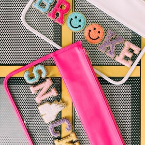 Clear pouch with patches, snacks bag, travel bag, clear bags, cosmetic bag, chenille letter bag, personalized gift, bridesmaid gift
